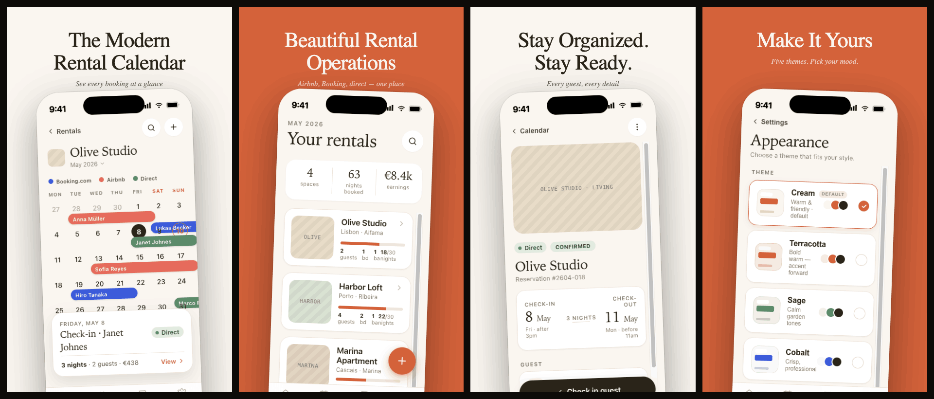 Olivo app screenshots showing calendar, rentals list, reservation detail and theme settings